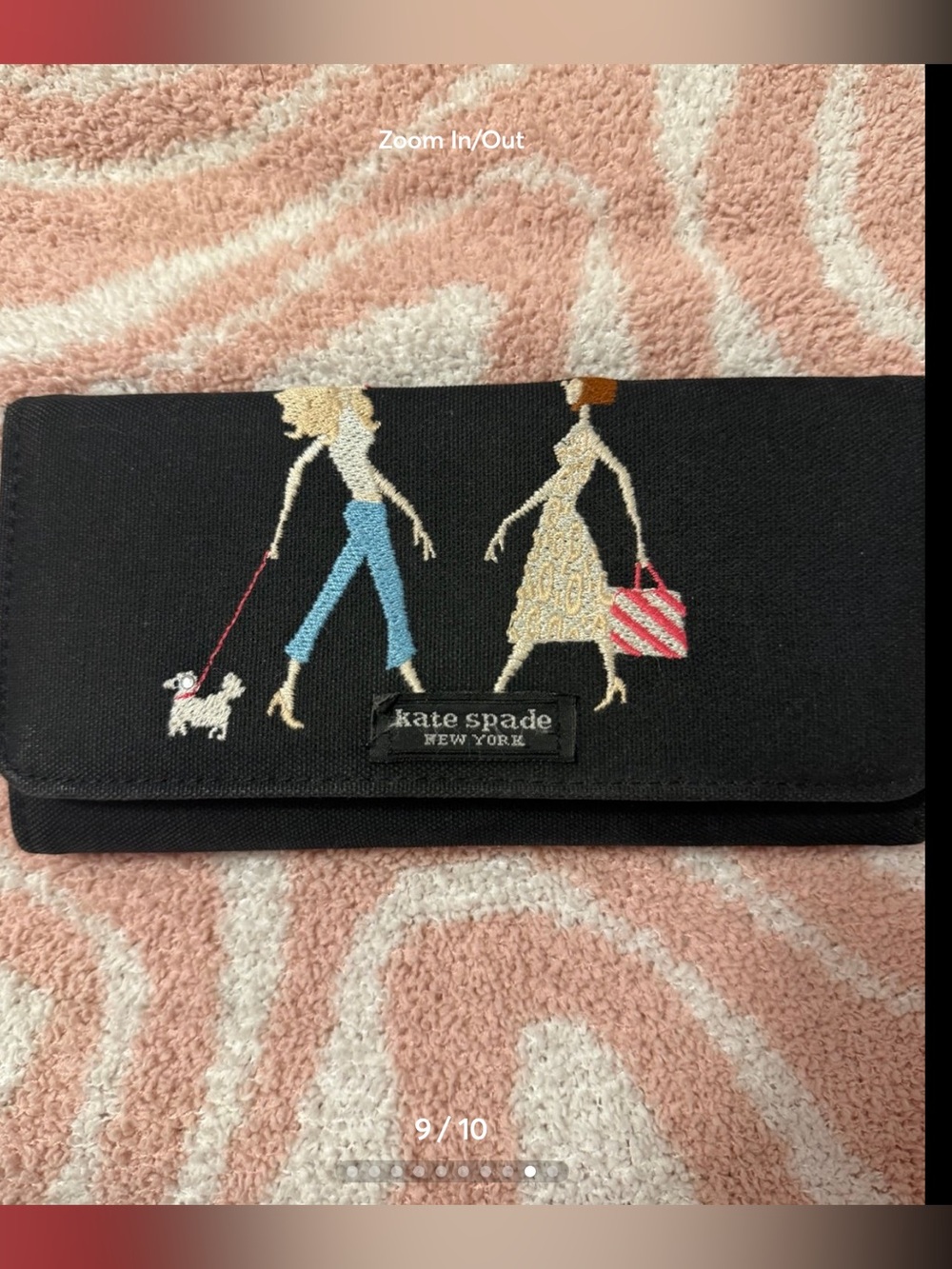 Kate Spade Rare Black Embroidered Women & Dog Card Holder with Pink Striped Tote